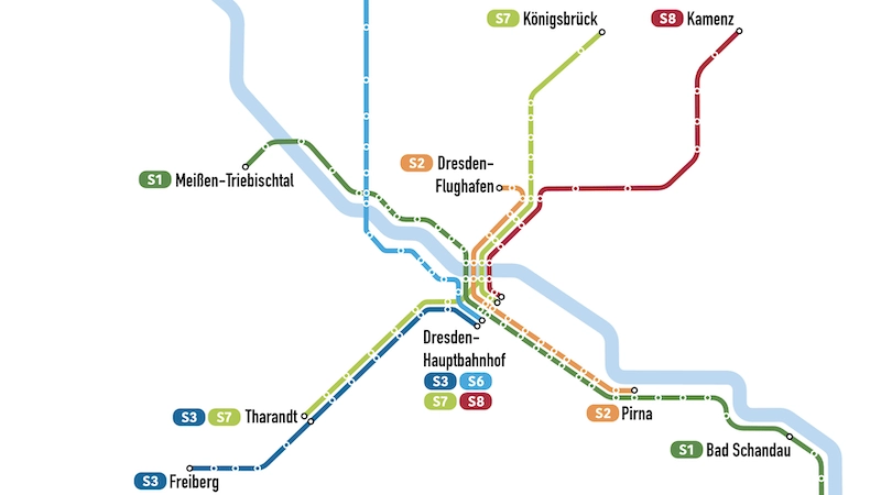 Ein Ausschnitt vom neuen S-Bahn-Netz im Jahr 2030 der S-Bahn Dresden