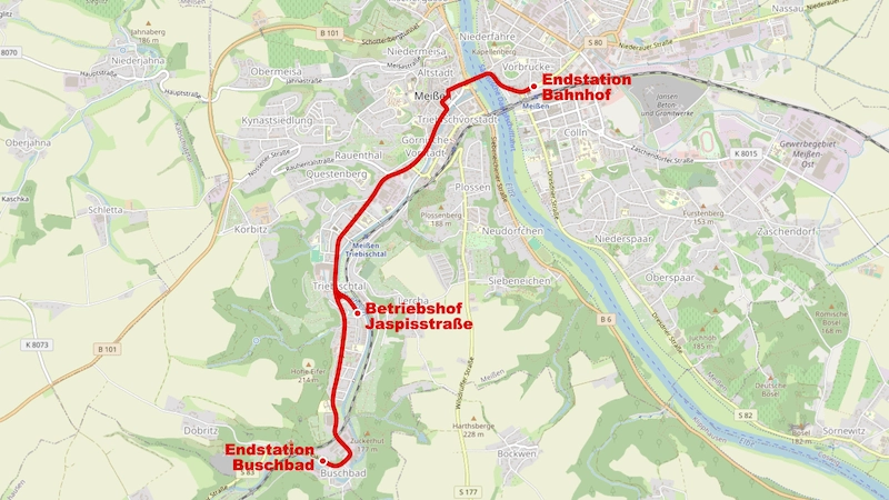 Der Streckenverlauf der Meißner Straßenbahn