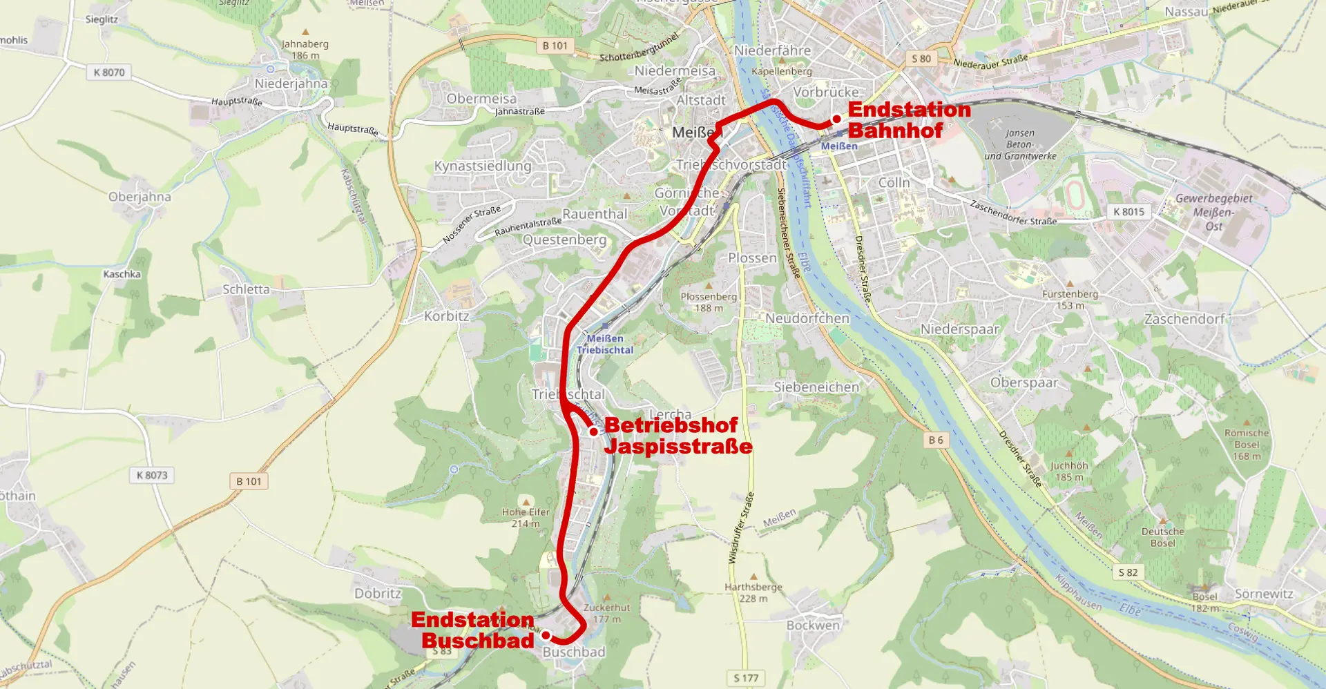 Der Streckenverlauf der Meißner Straßenbahn