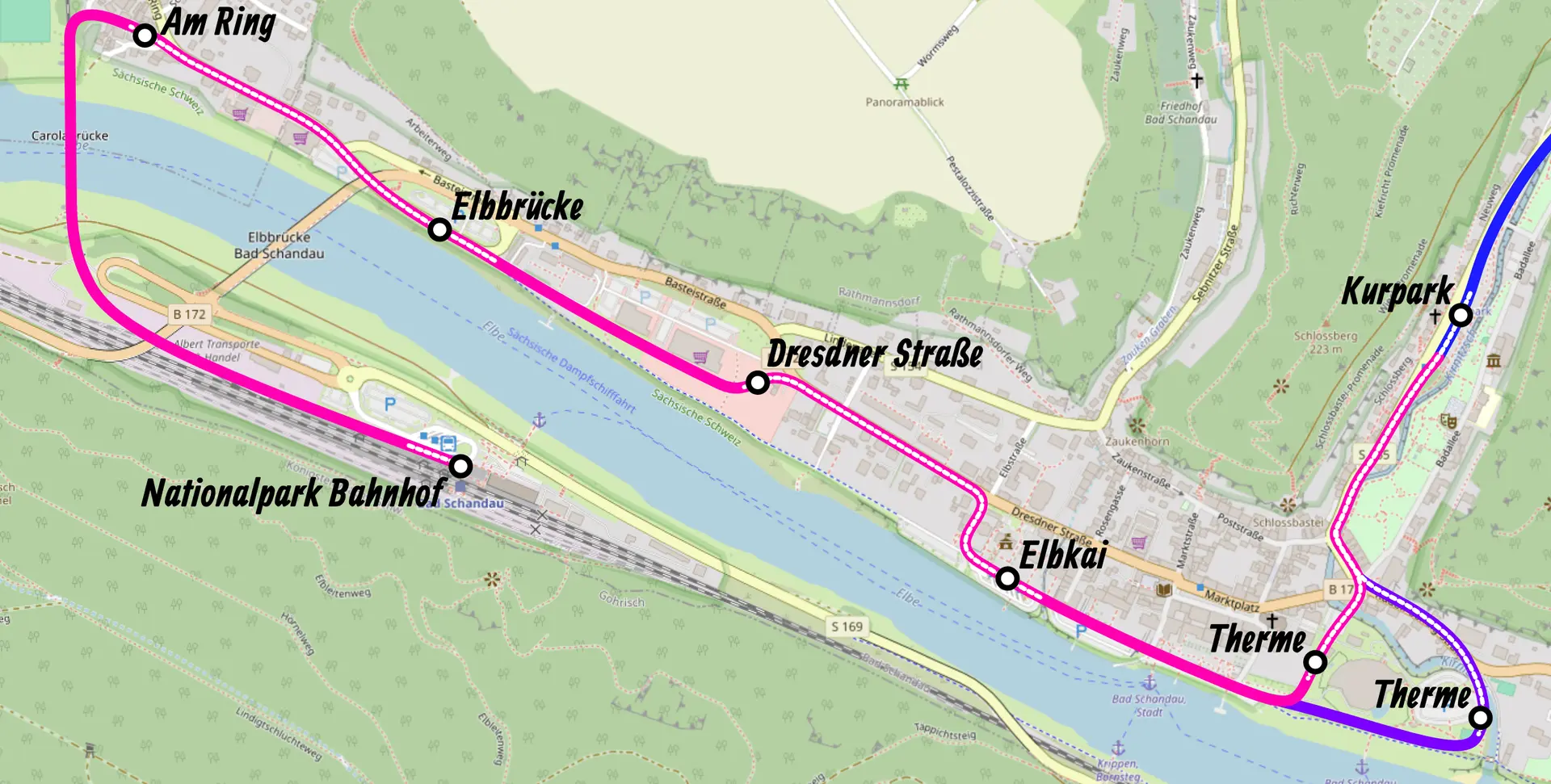 Die neue Streckenführung der Kirnitzschtalbahn durch Bad Schandau
