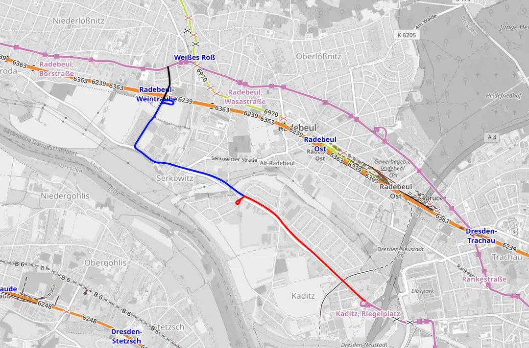 Die mögliche Trasse für die Verlängerung der Straßenbahn von Kaditz nach Radebeul