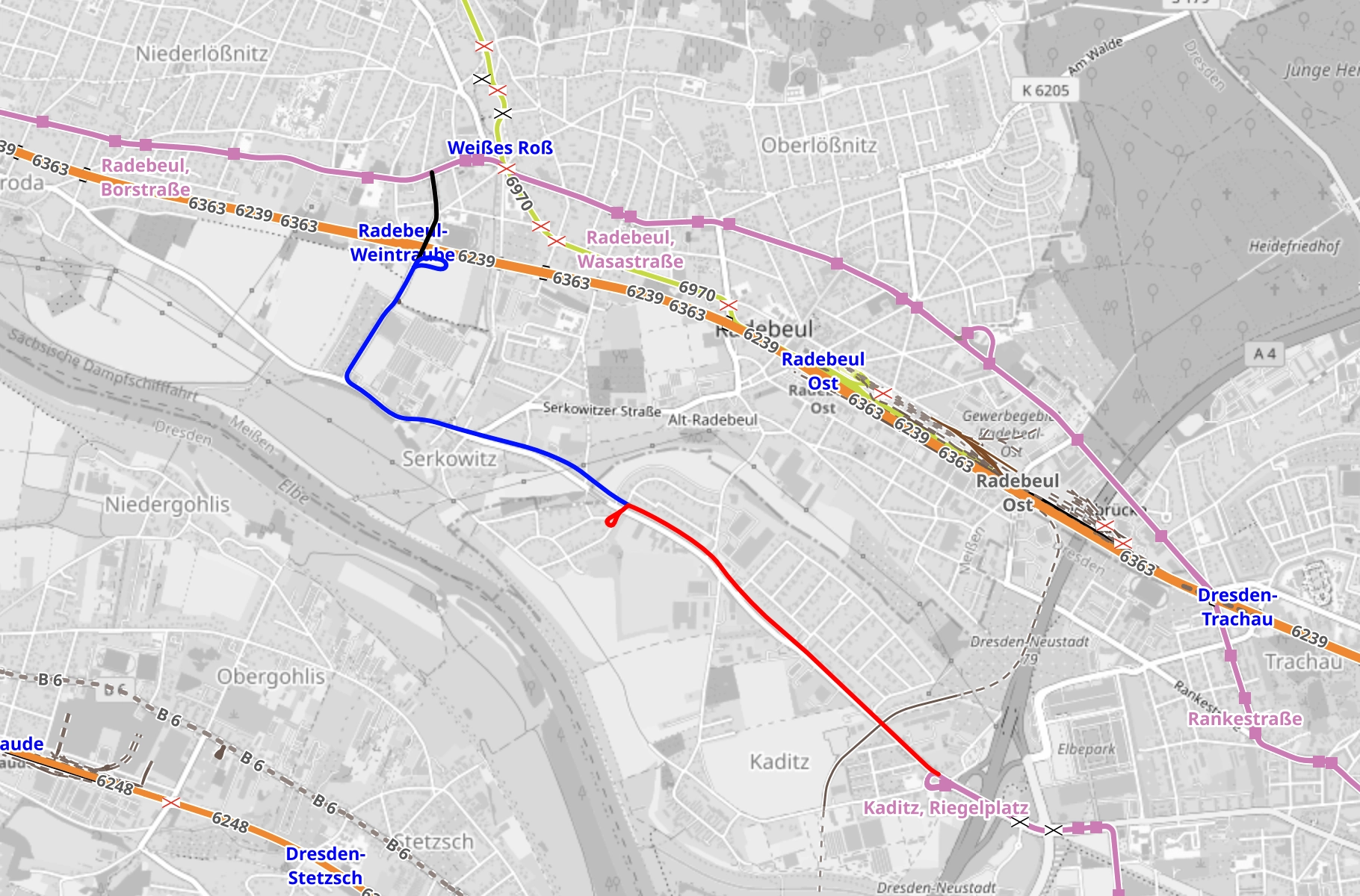 Die mögliche Trasse für die Verlängerung der Straßenbahn von Kaditz nach Radebeul